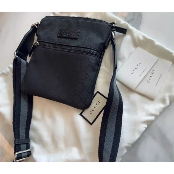 Authentic Gucci Web Black Monogram Nylon Pocket Messenger Crossbody Bag - Picture 10 of 12